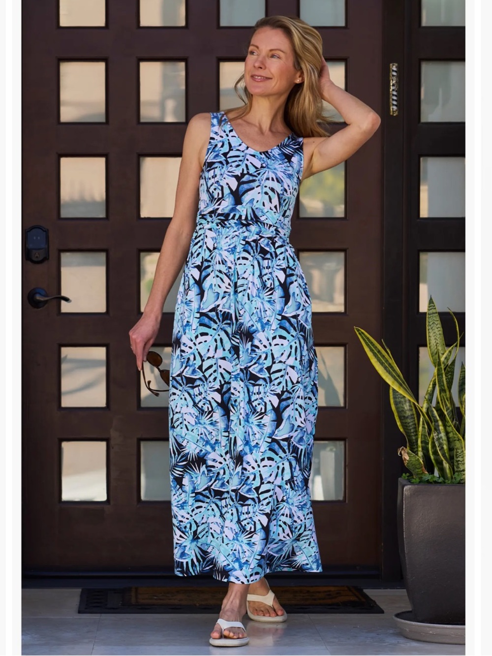 UV Skinz Blue & Teal Tropical Palm Print UPF 50+ Sleeveless Maxi Dress Sz L